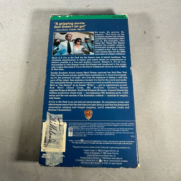 A Cry In The Dark PG13 Meryl Streep Sam Neill Warner Bros VHS Collectors Series - Picture 2 of 3